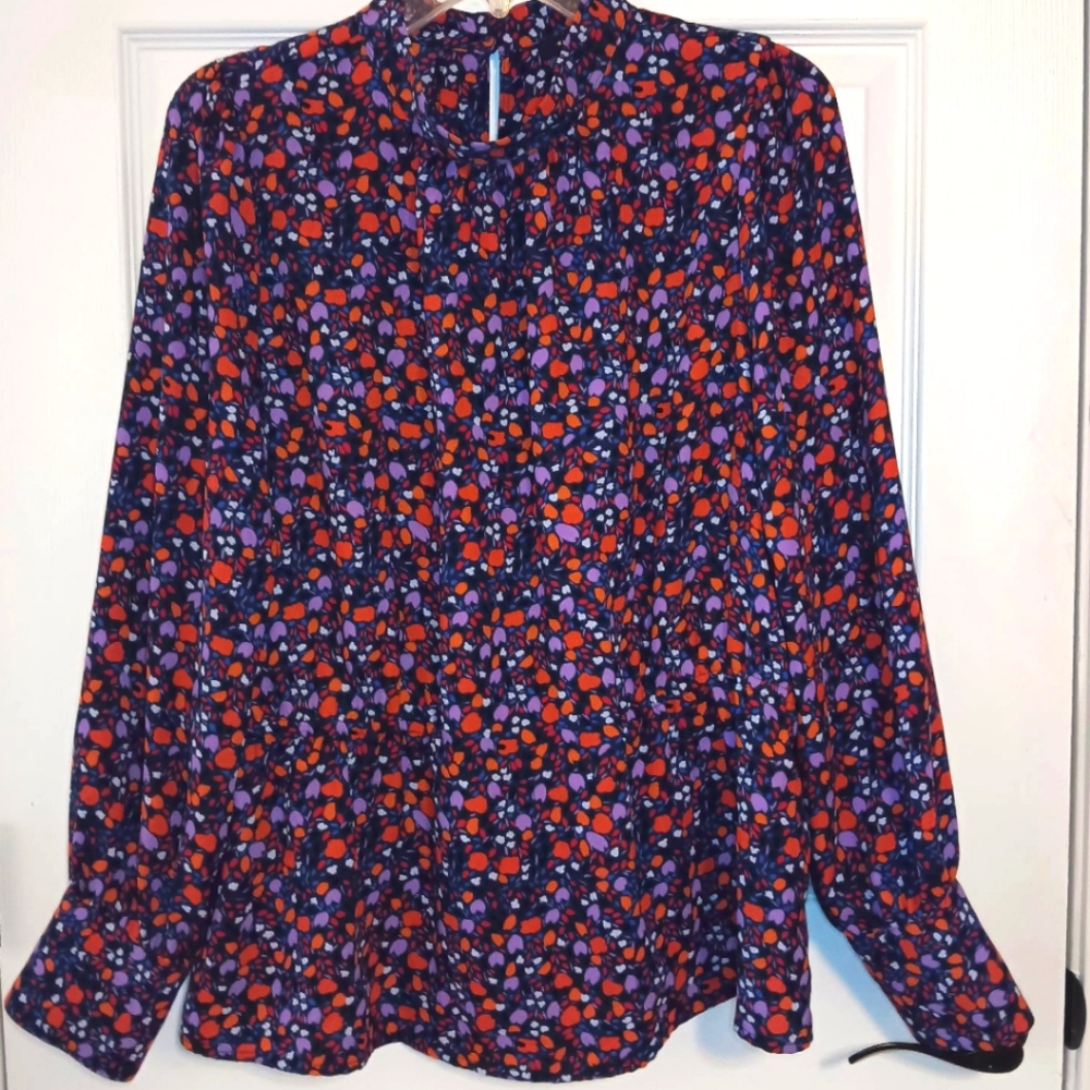 Halogen Splash Patterned Long Sleeve High Neck Blouse - Picture 2 of 7